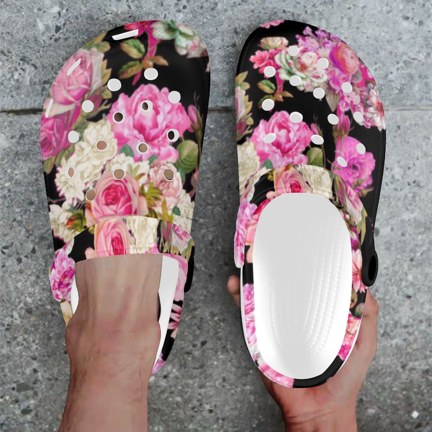 Showgirl Roses on Black Custom Clogs