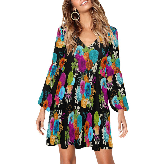 Helen's Floral on Black Tiered Dress