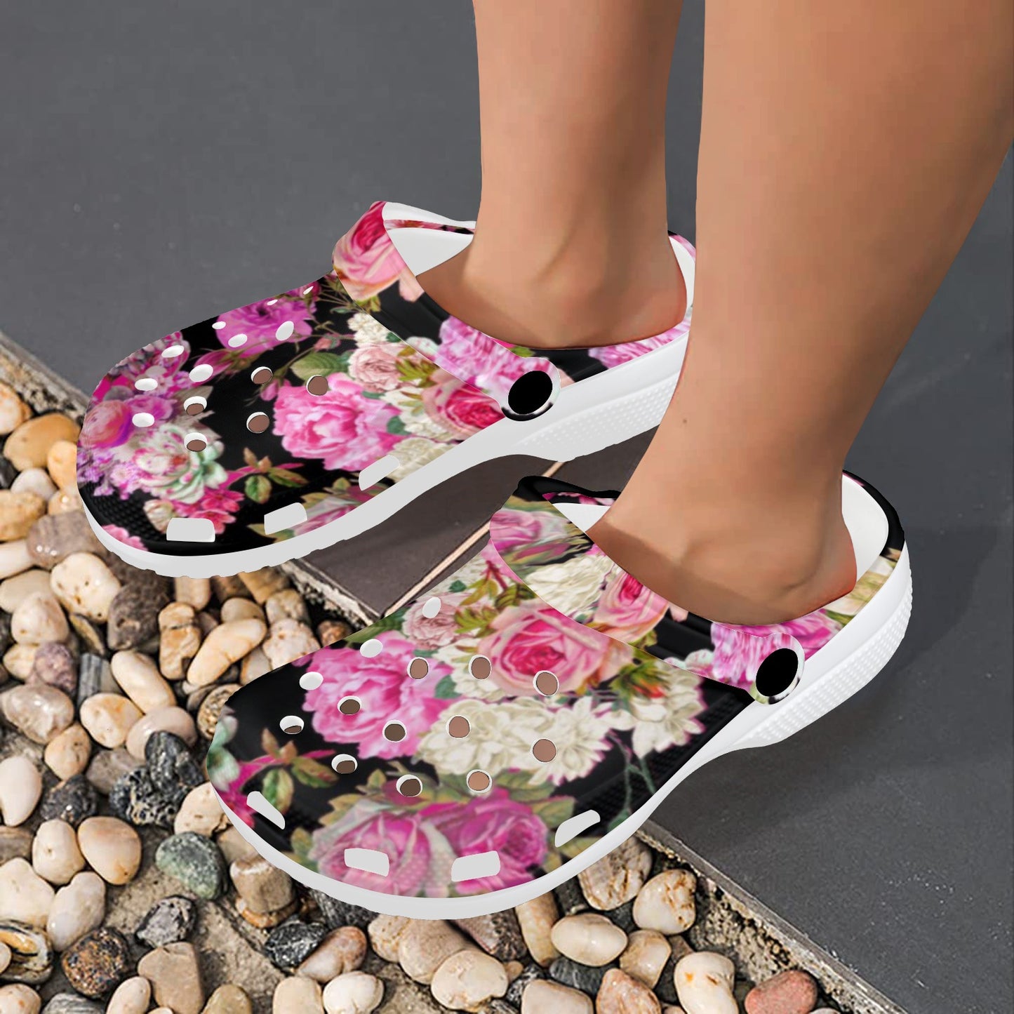 Showgirl Roses on Black Custom Clogs
