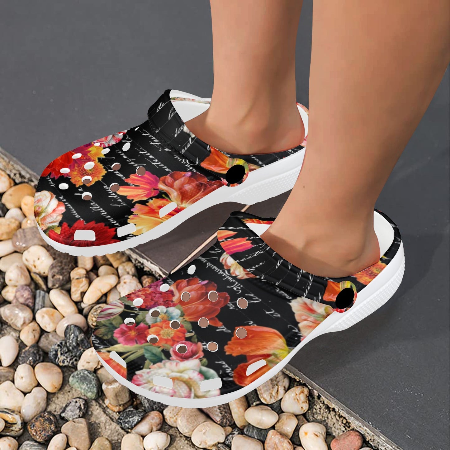 Coral Floral on Black Custom Clogs