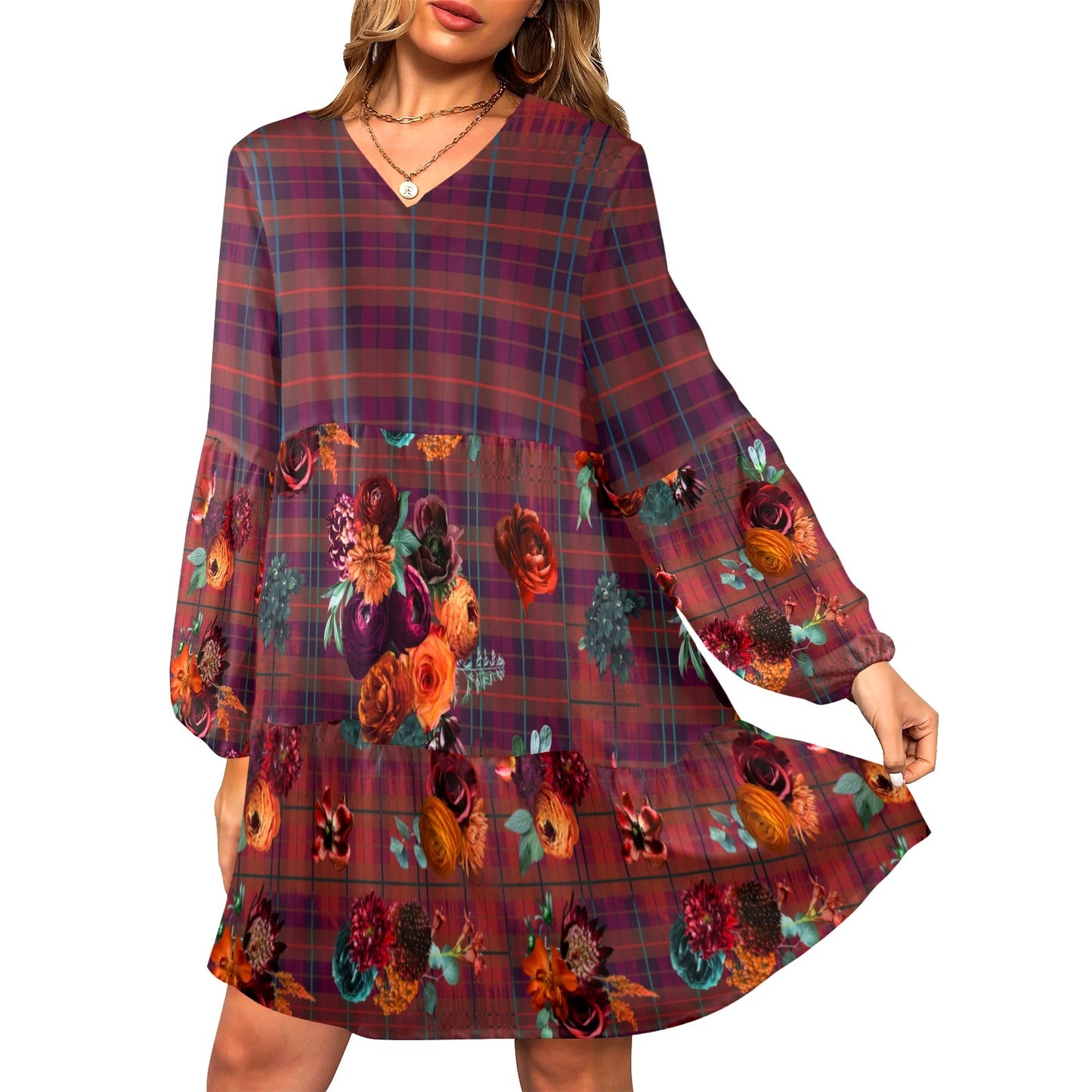 Autumn Plaid Tiered Knit Dress