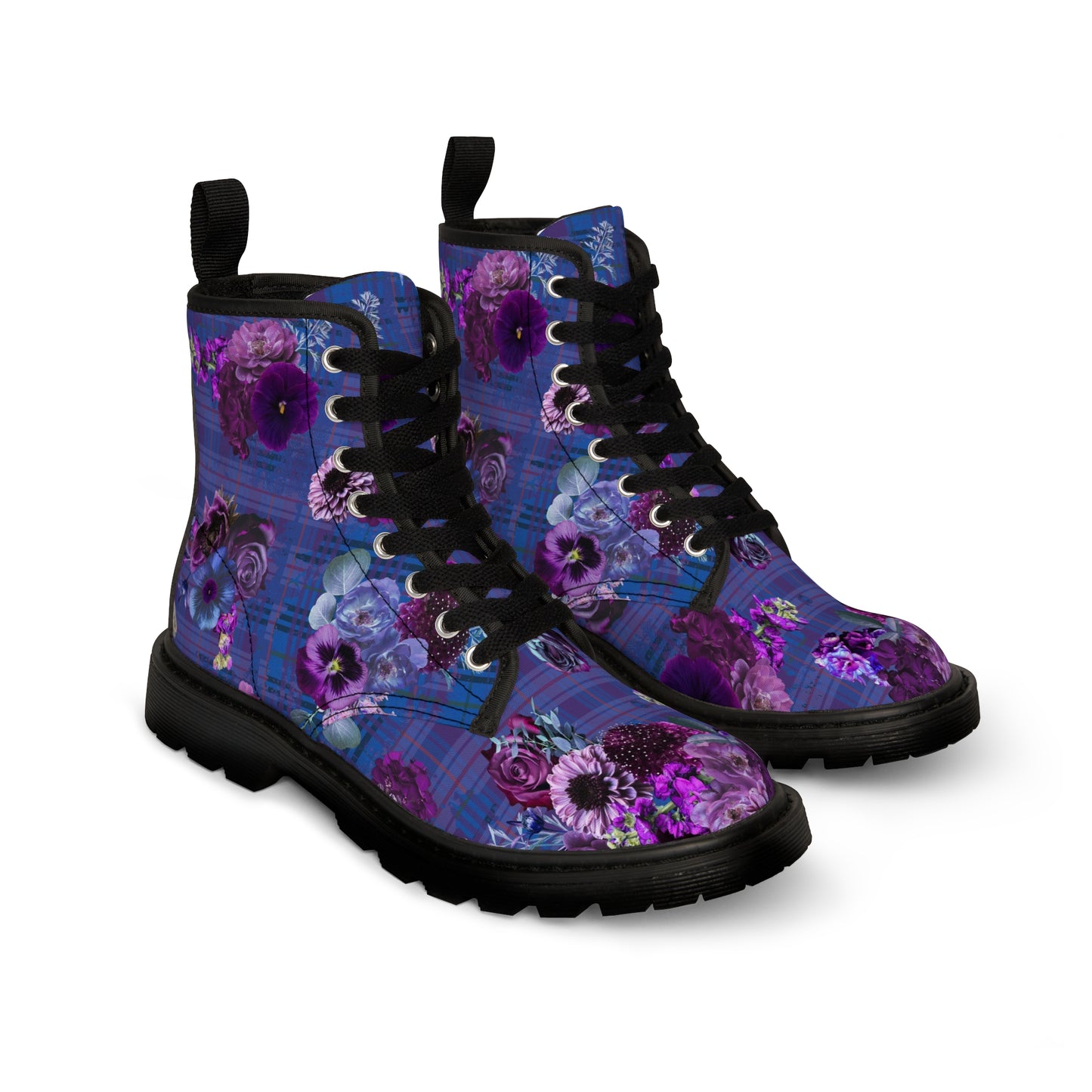 Plum Floral Plaid Women's Canvas Boots