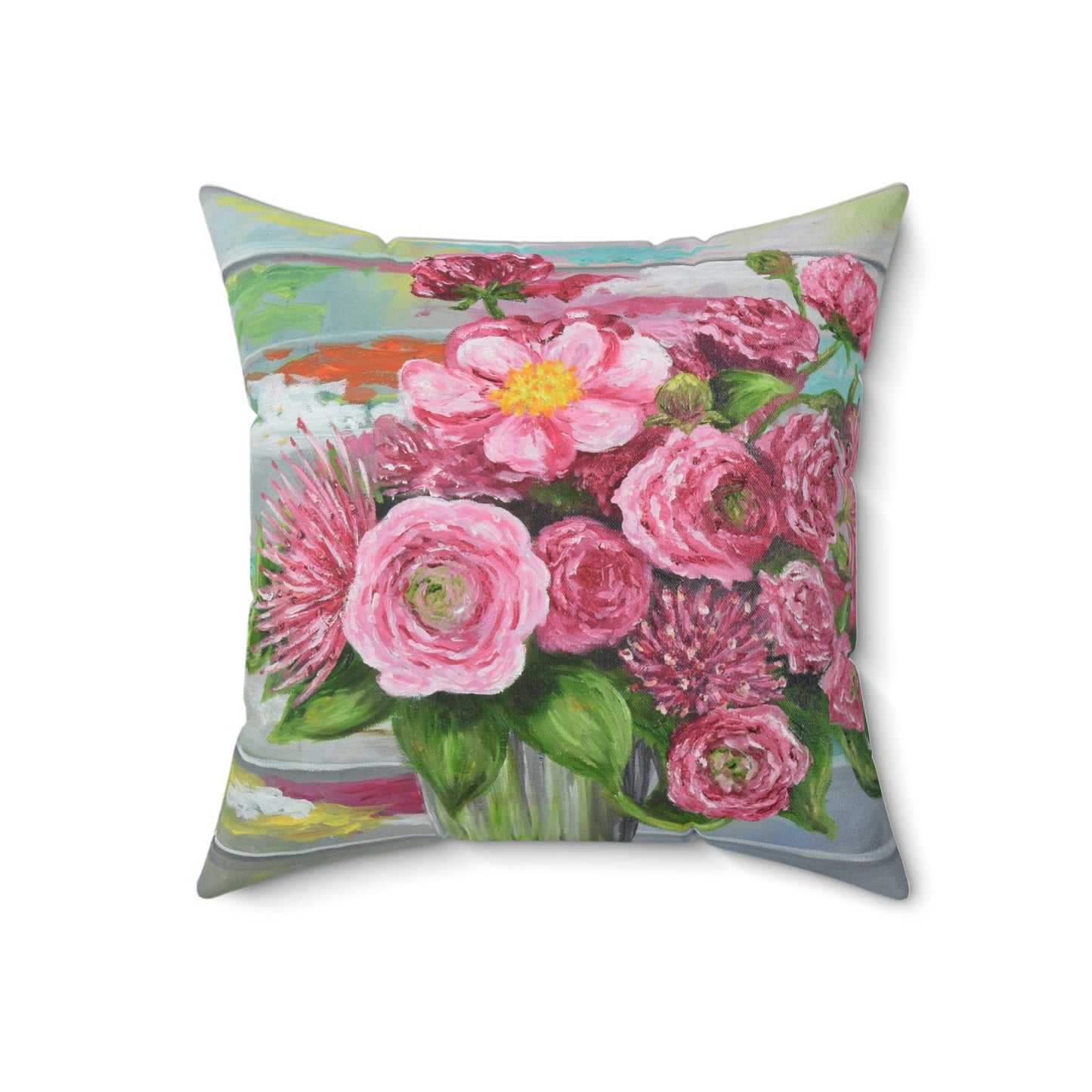 "Bouquet in Pink" Faux Suede Throw Pillow