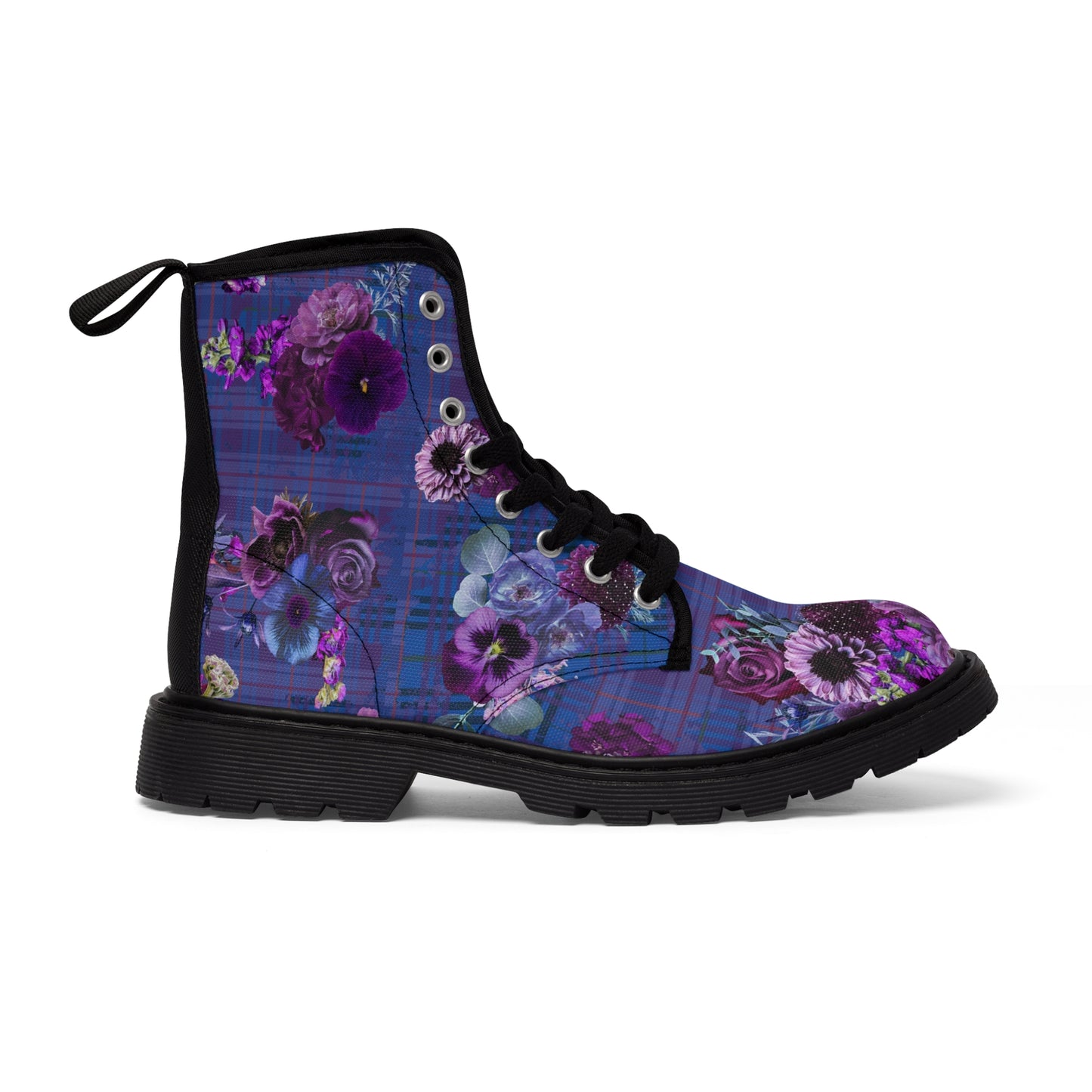 Plum Floral Plaid Women's Canvas Boots