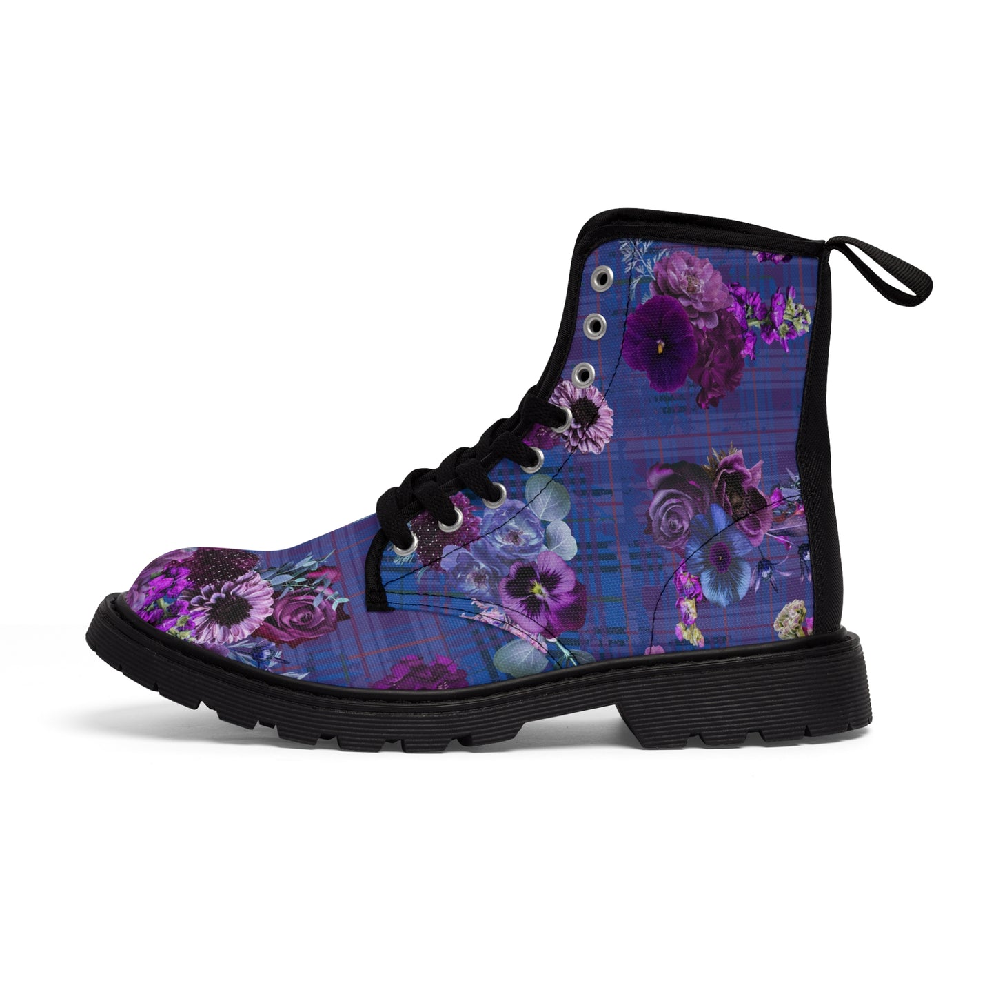 Plum Floral Plaid Women's Canvas Boots