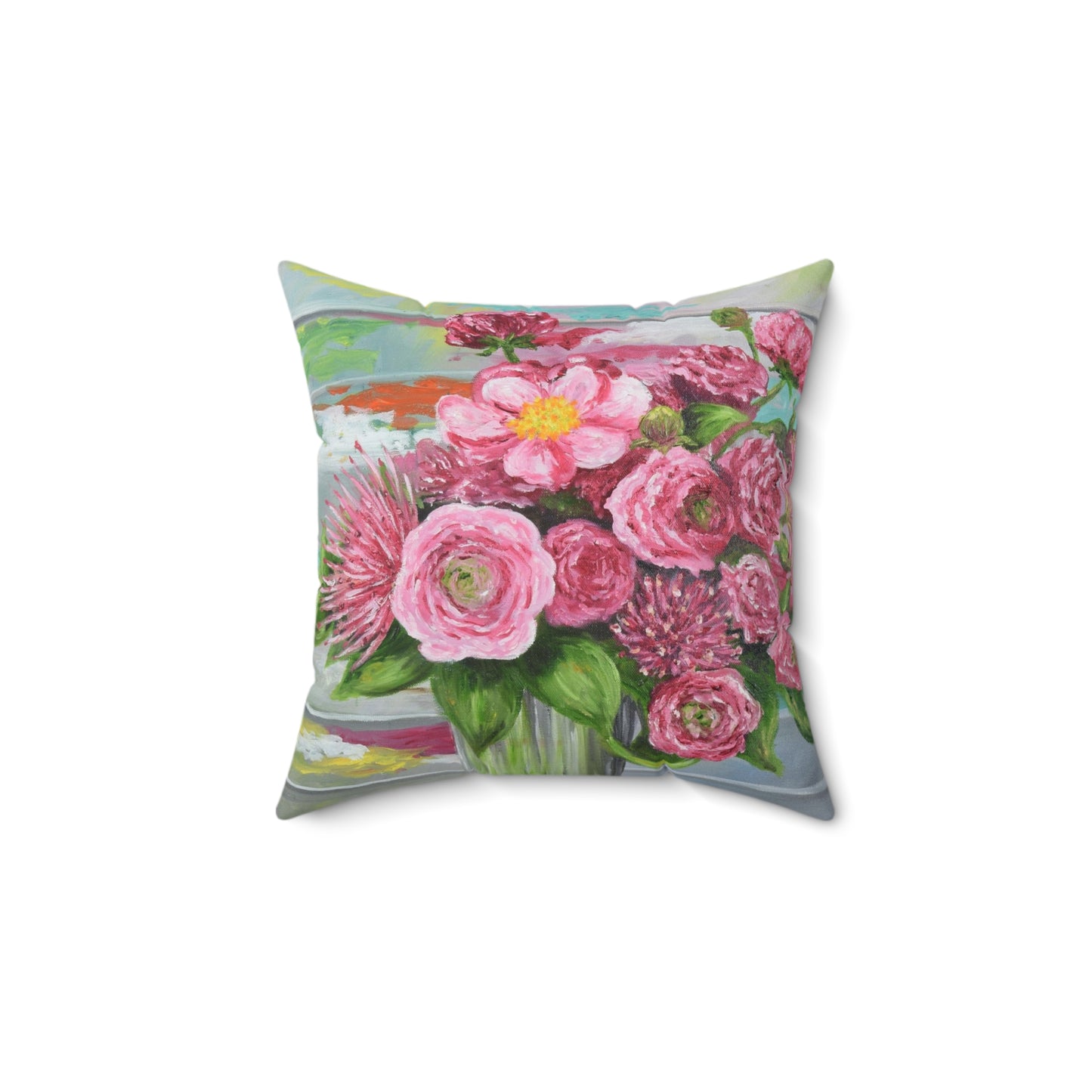 "Bouquet in Pink" Faux Suede Throw Pillow