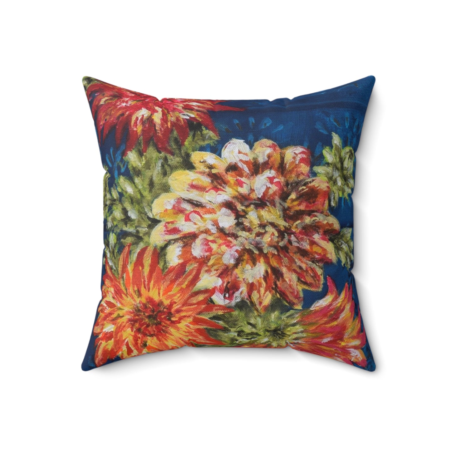 "Dahlias on Blue" Faux Suede throw Pillow