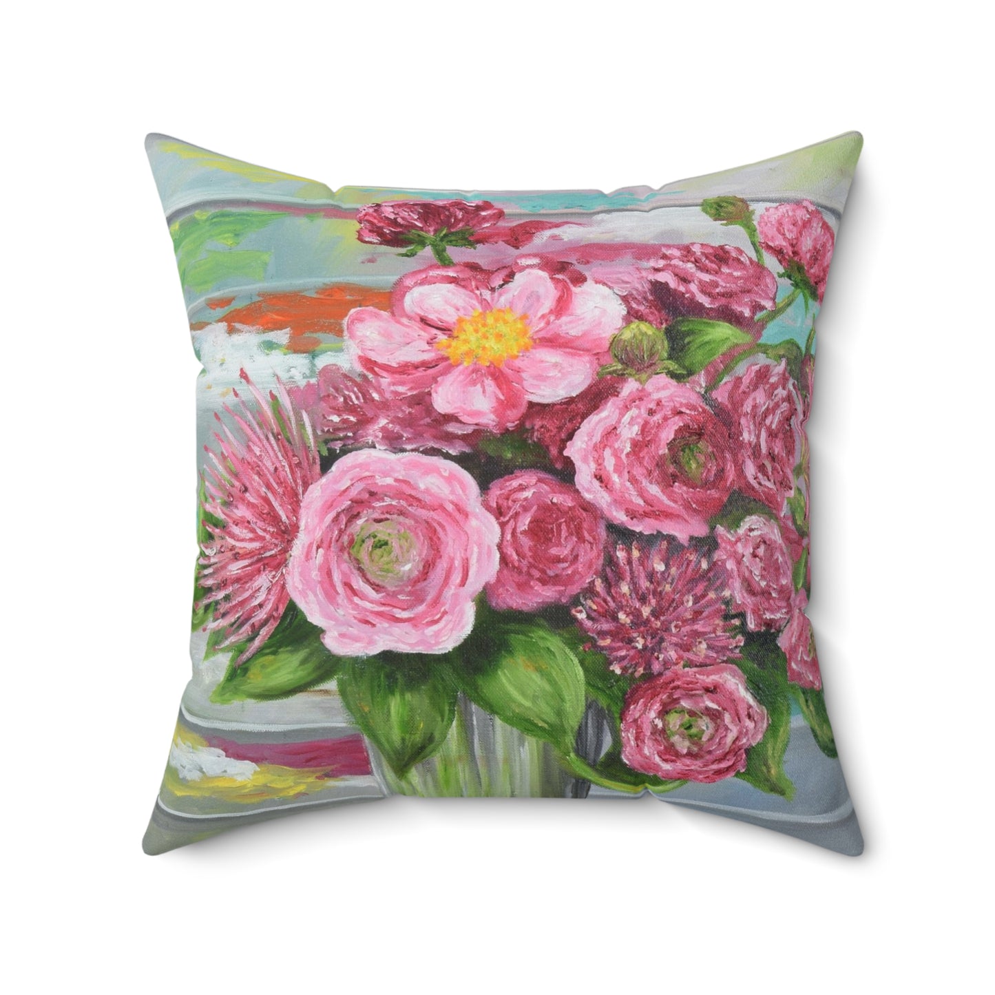 "Bouquet in Pink" Faux Suede Throw Pillow