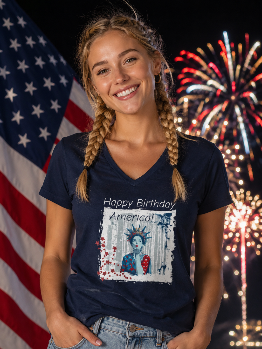 "Happy Birthday, America" Ladies' V-Neck T-Shirt