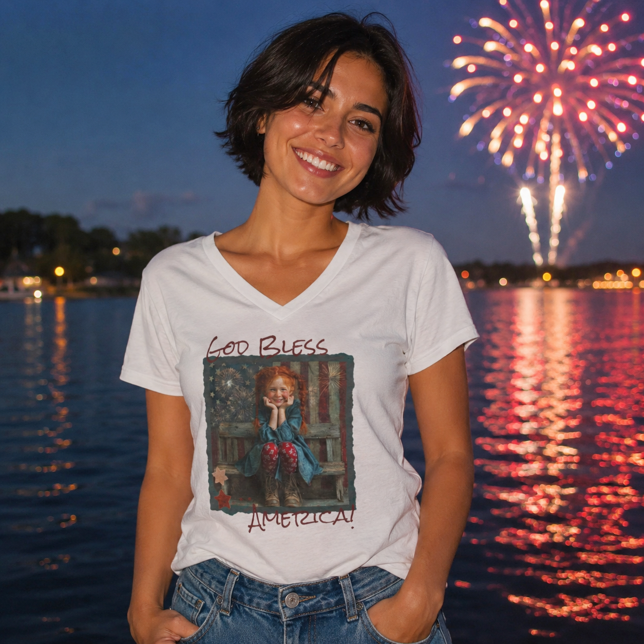 "God Bless America" Ladies' V-Neck T-Shirt