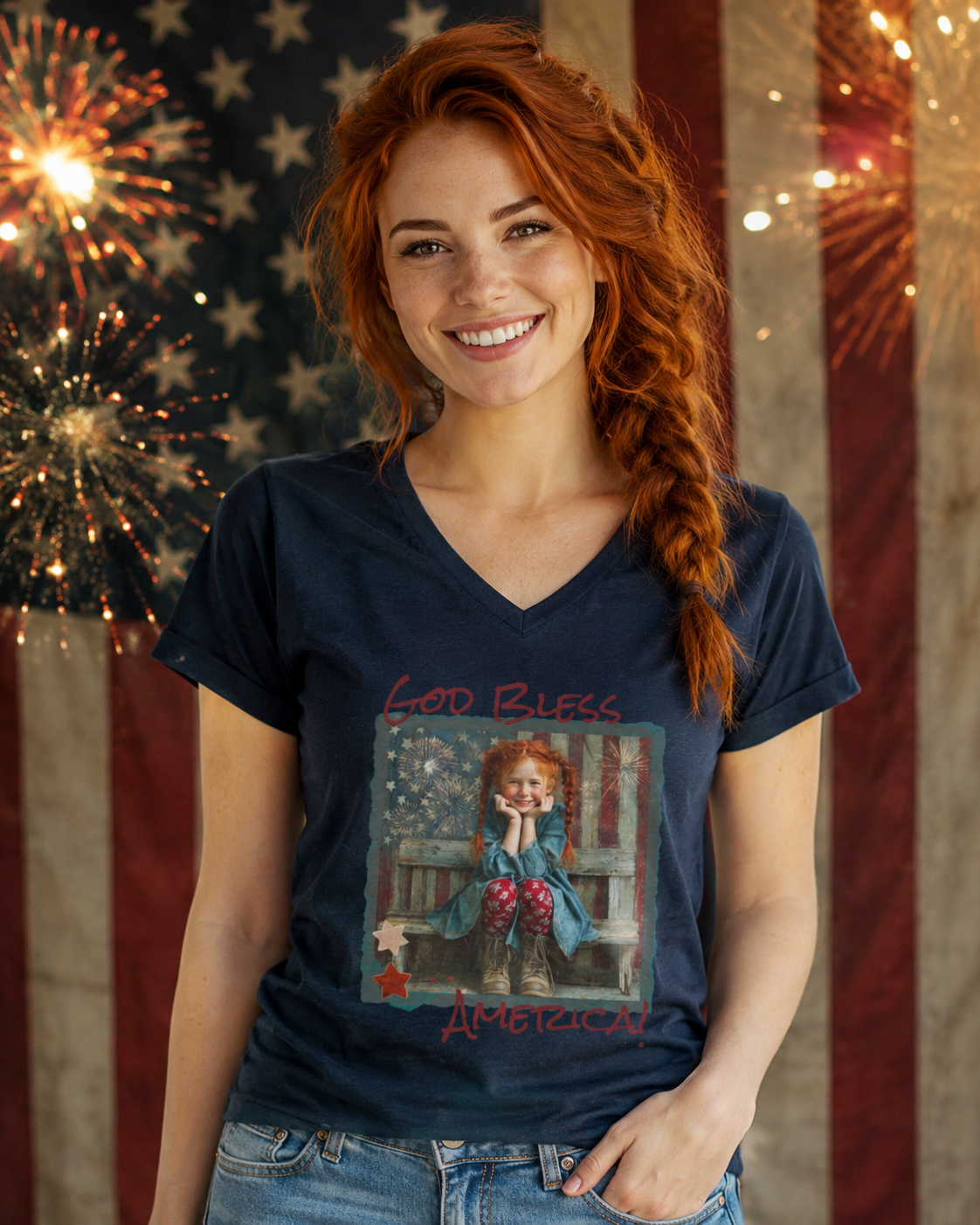 "God Bless America" Ladies' V-Neck T-Shirt