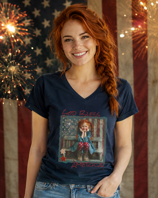 "God Bless America" Ladies' V-Neck T-Shirt