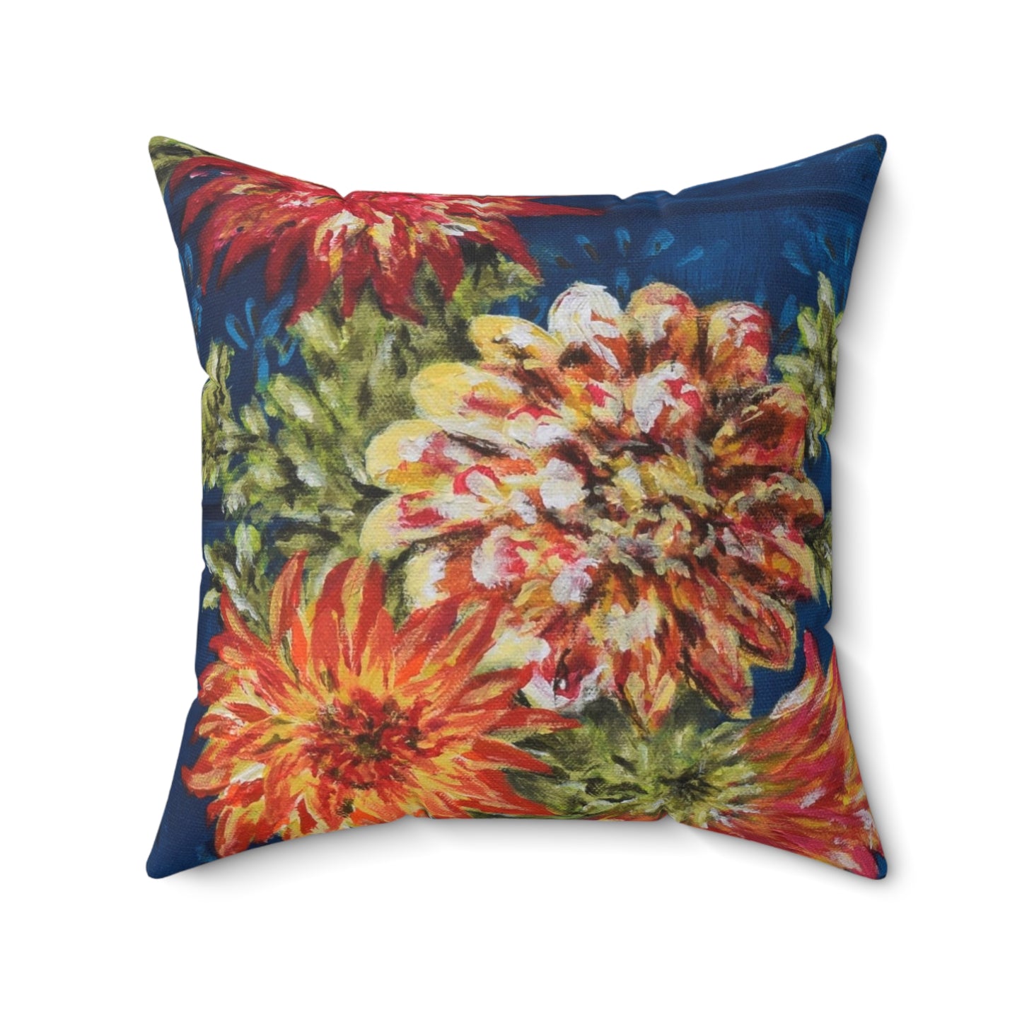 "Dahlias on Blue" Faux Suede throw Pillow