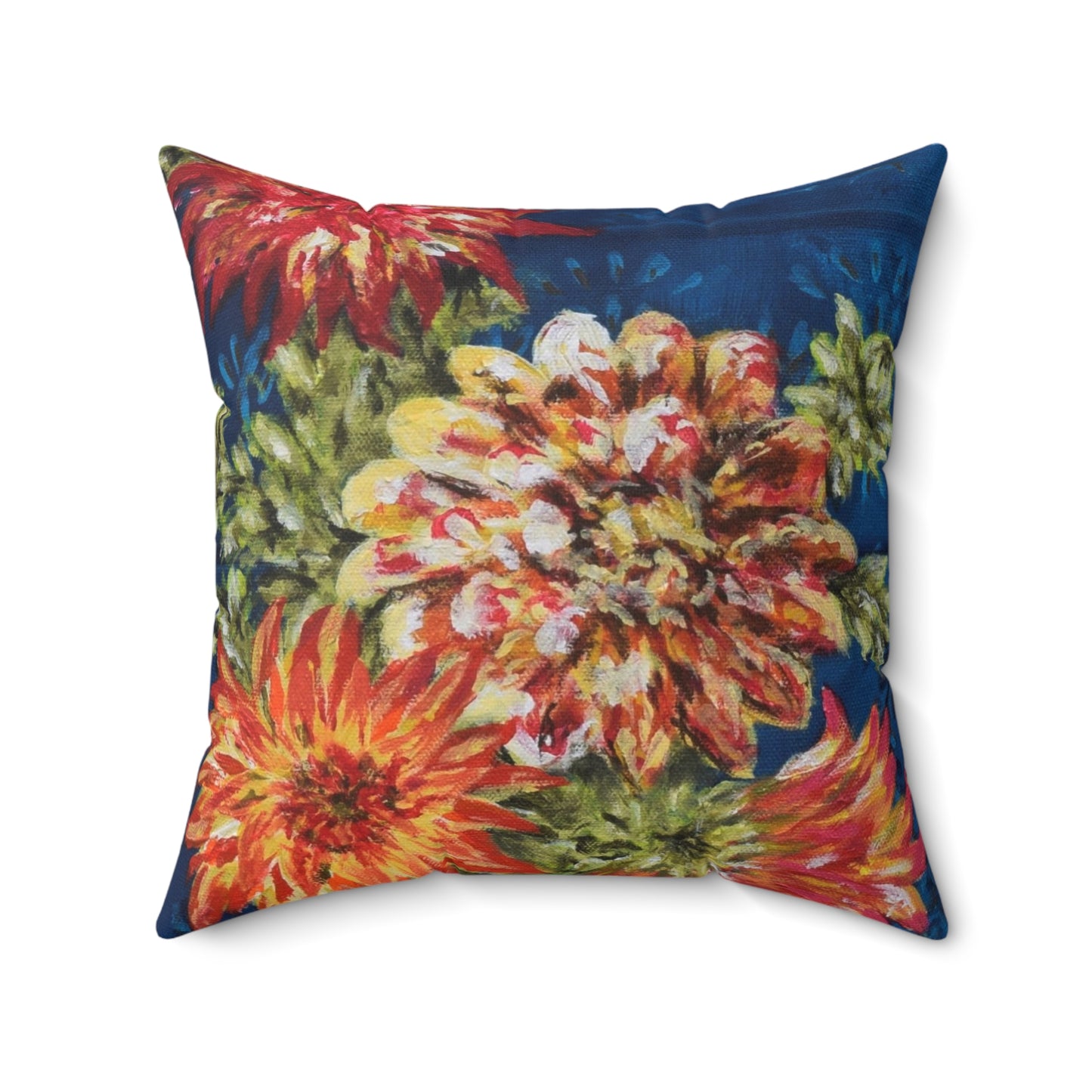 "Dahlias on Blue" Faux Suede throw Pillow