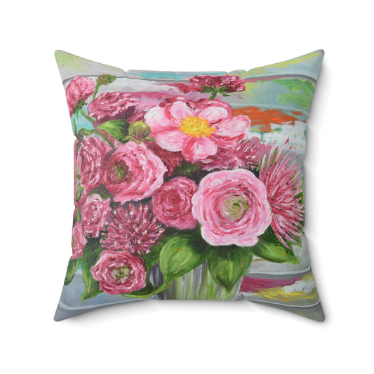 "Bouquet in Pink" Faux Suede Throw Pillow