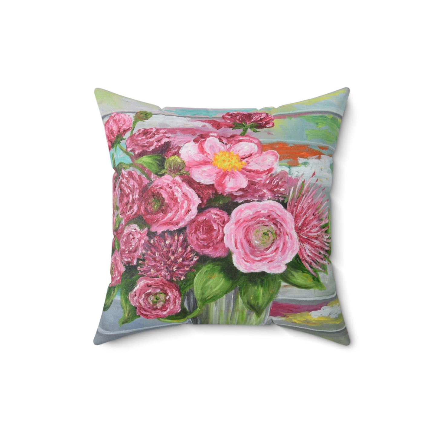 "Bouquet in Pink" Faux Suede Throw Pillow