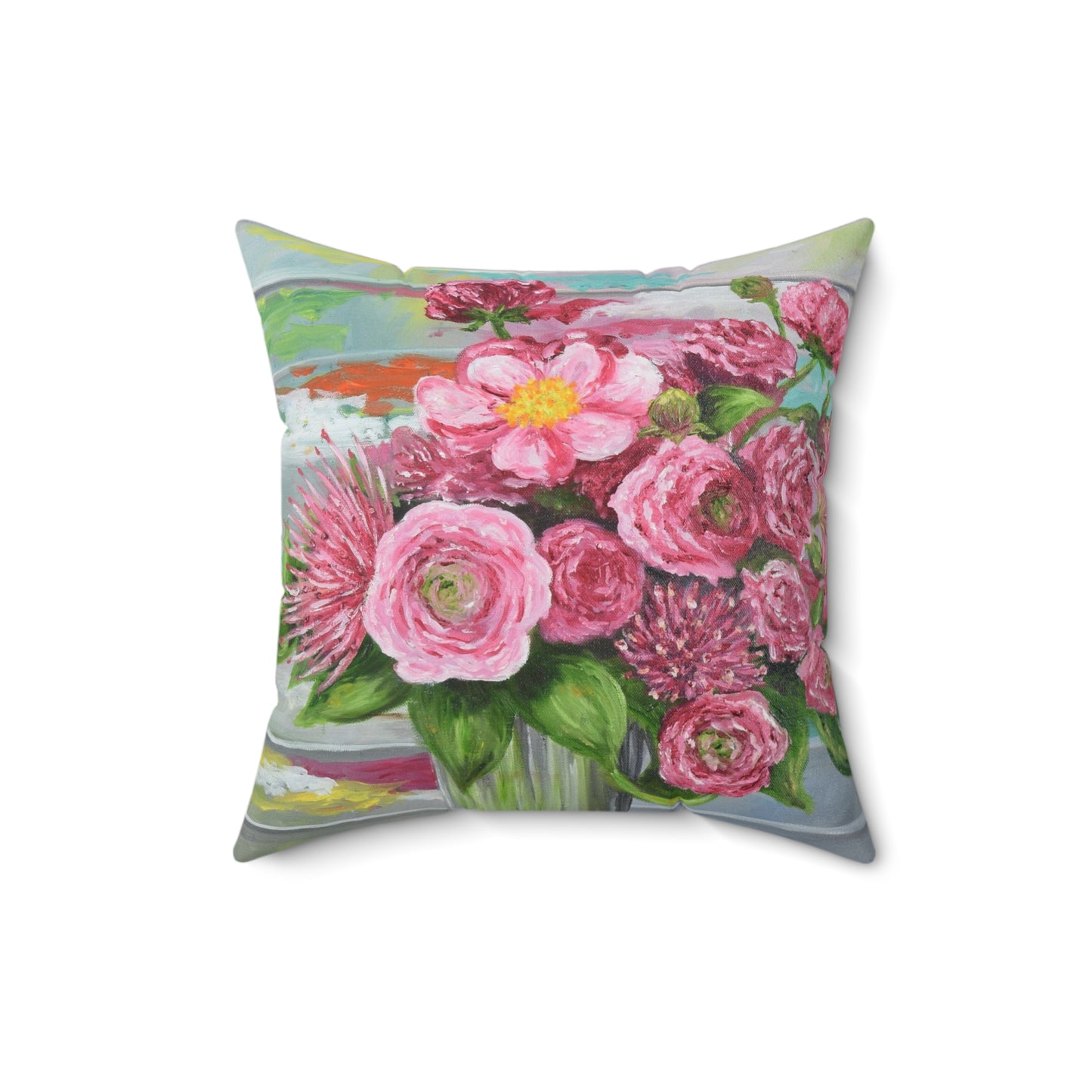 "Bouquet in Pink" Faux Suede Throw Pillow