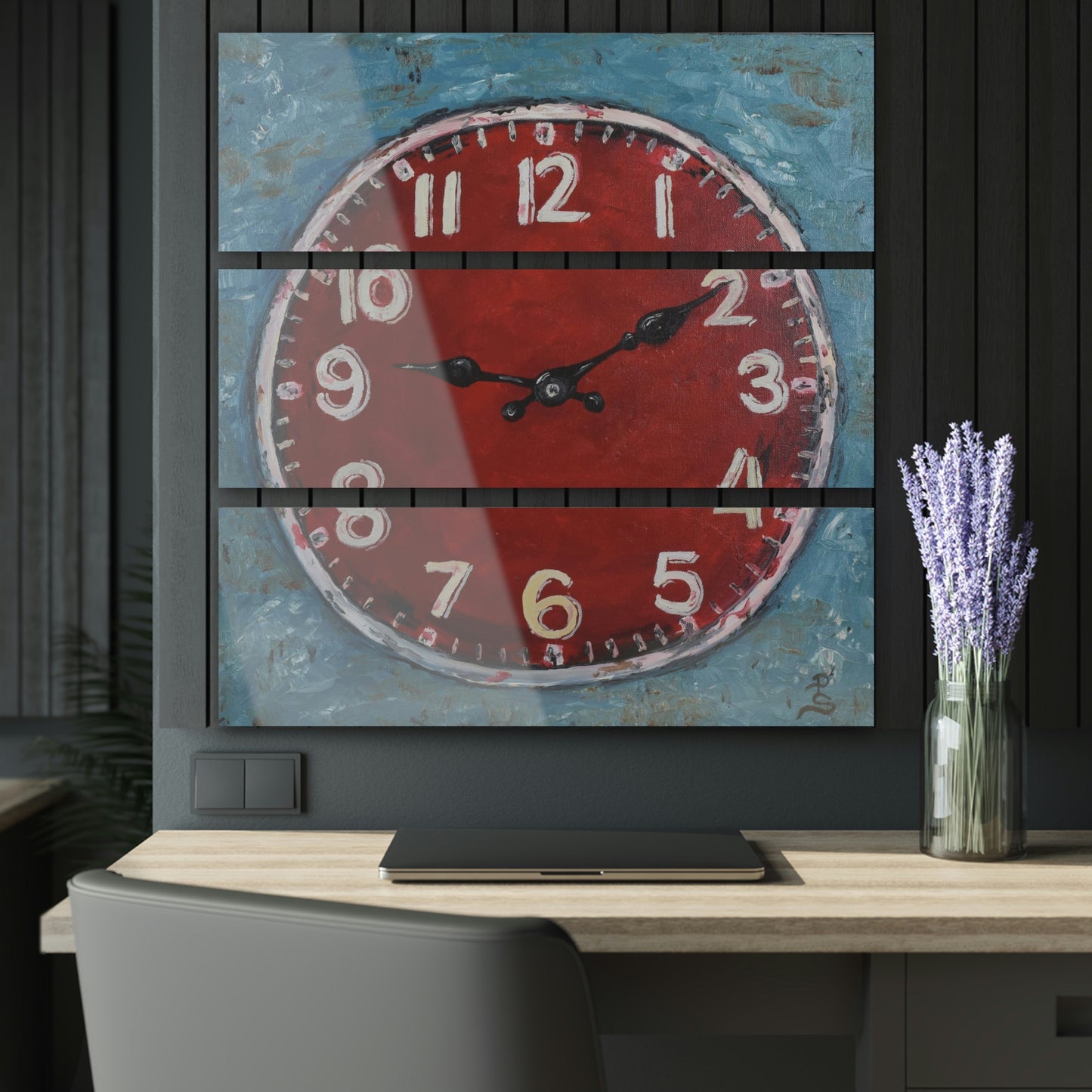 "Big Red Clock" Acrylic Triptych