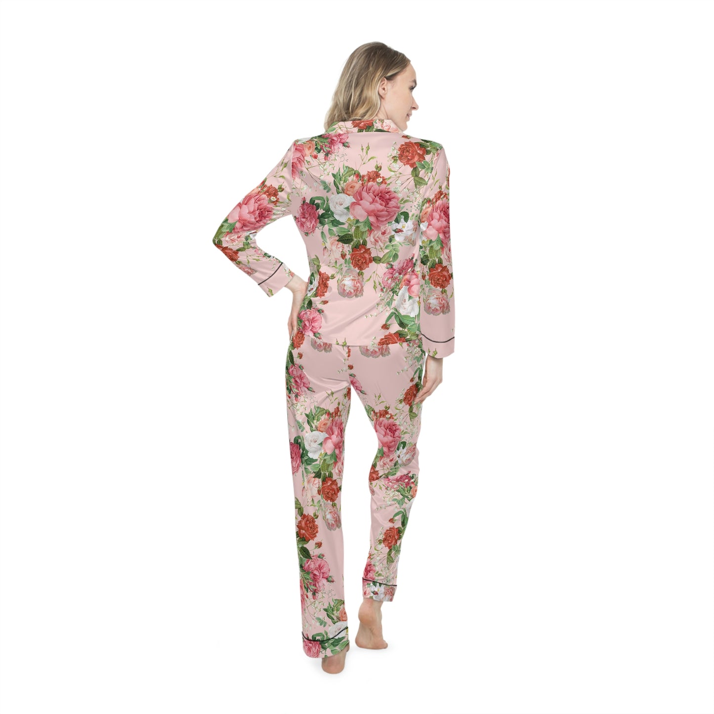 Vintage Peach Floral Women's Satin Pajamas