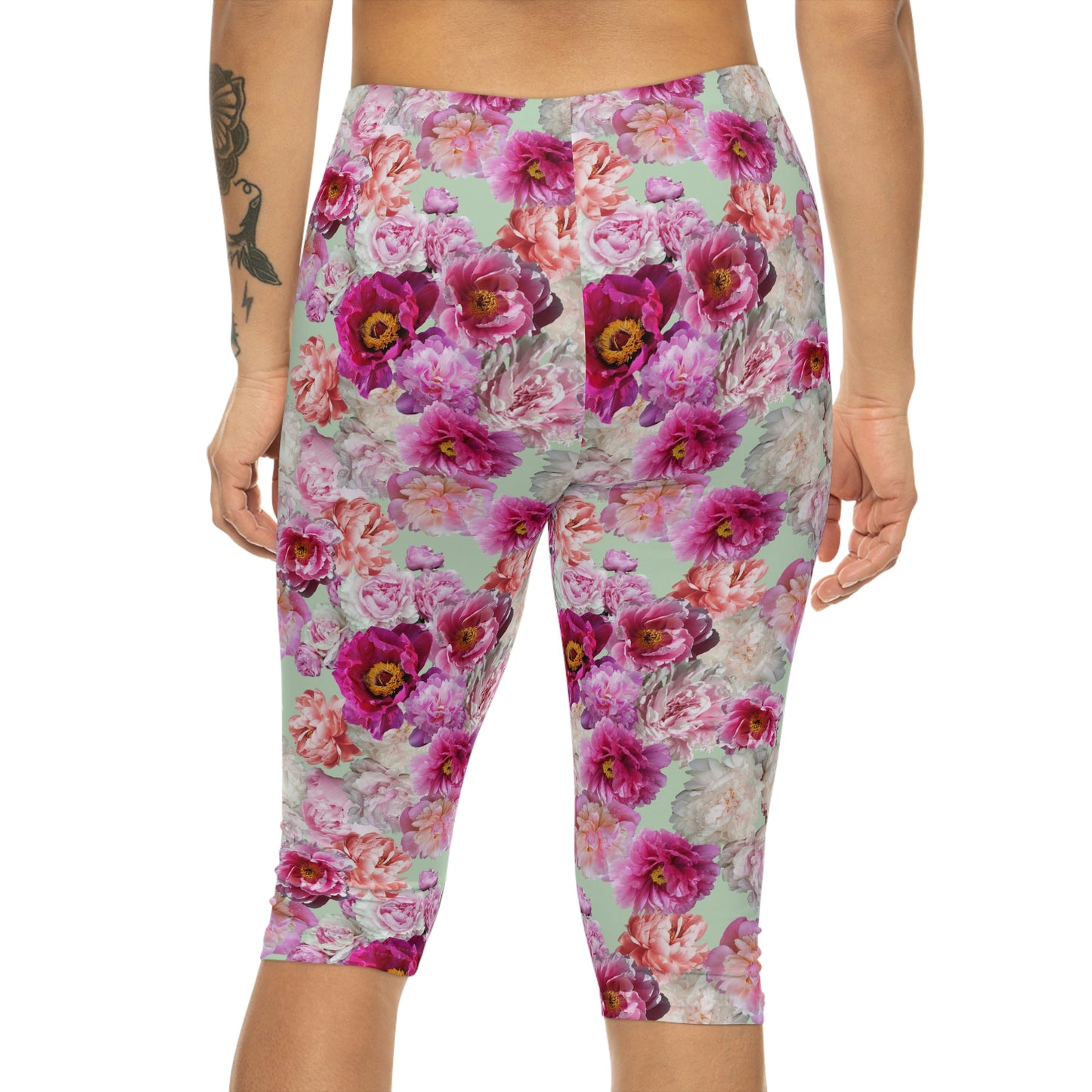 Peonies on Green Women’s Capri Leggings