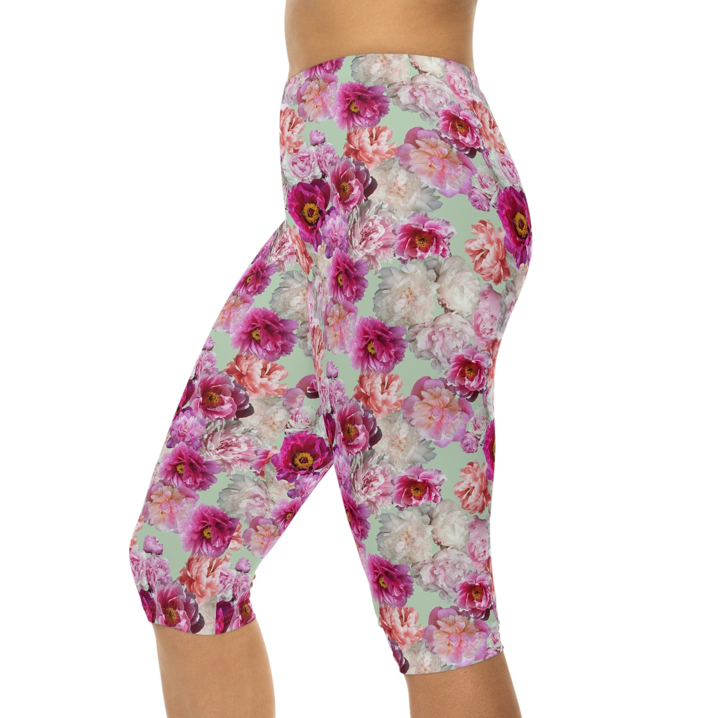 Peonies on Green Women’s Capri Leggings