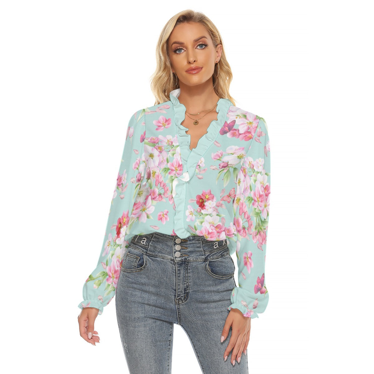 Spring Blossoms on Aqua Pleated Collar Blouse