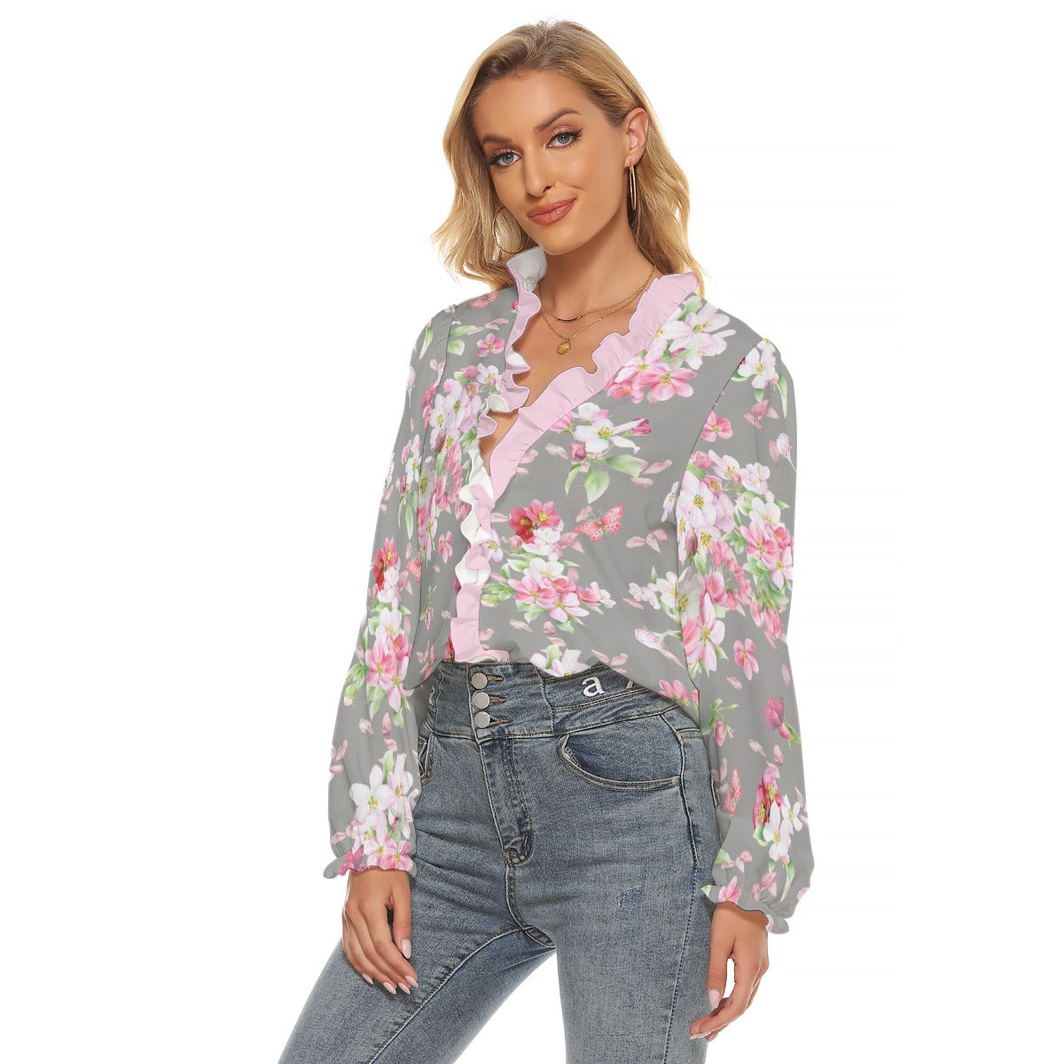 All-Over Print Women's Pleated Collar V-neck Shirt