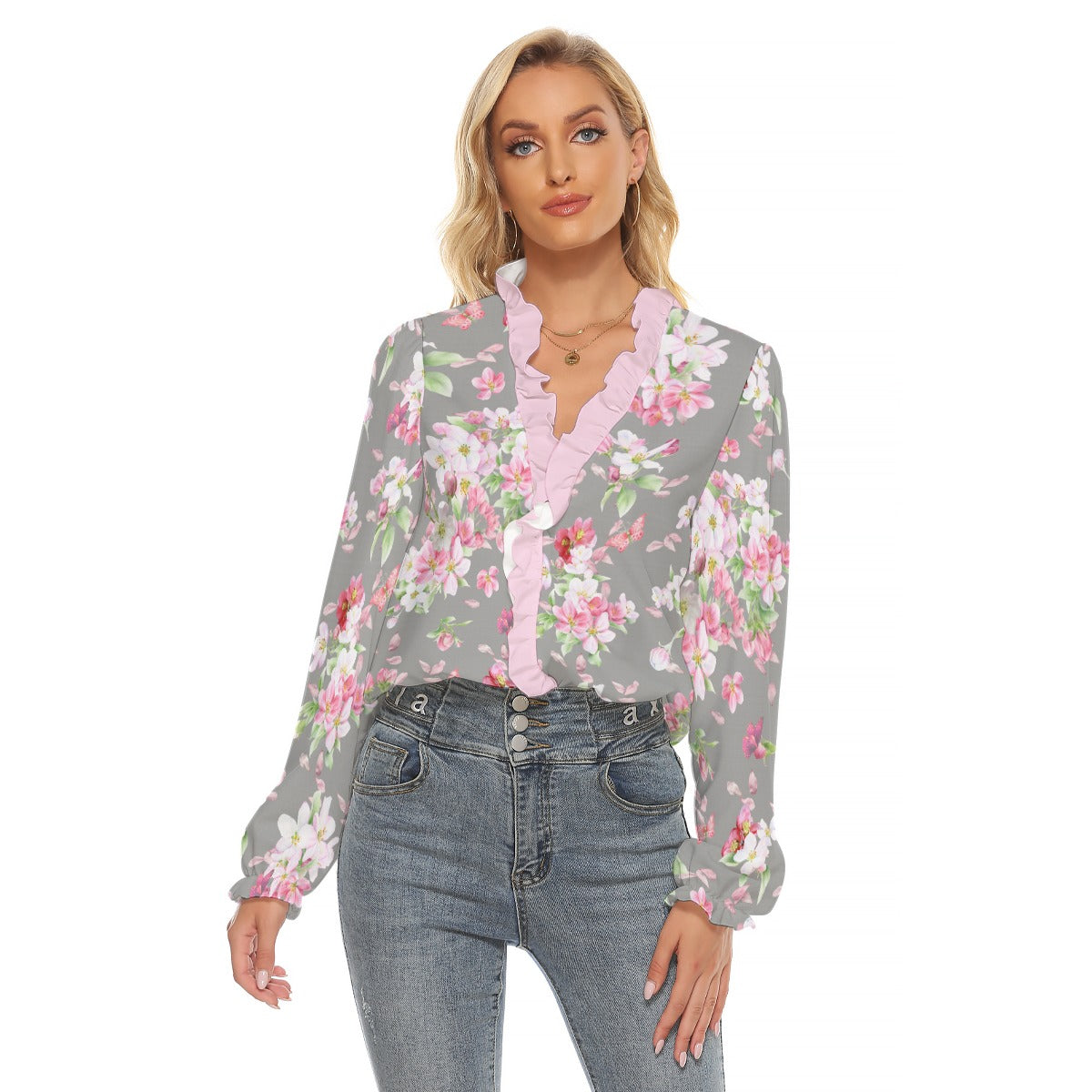 All-Over Print Women's Pleated Collar V-neck Shirt