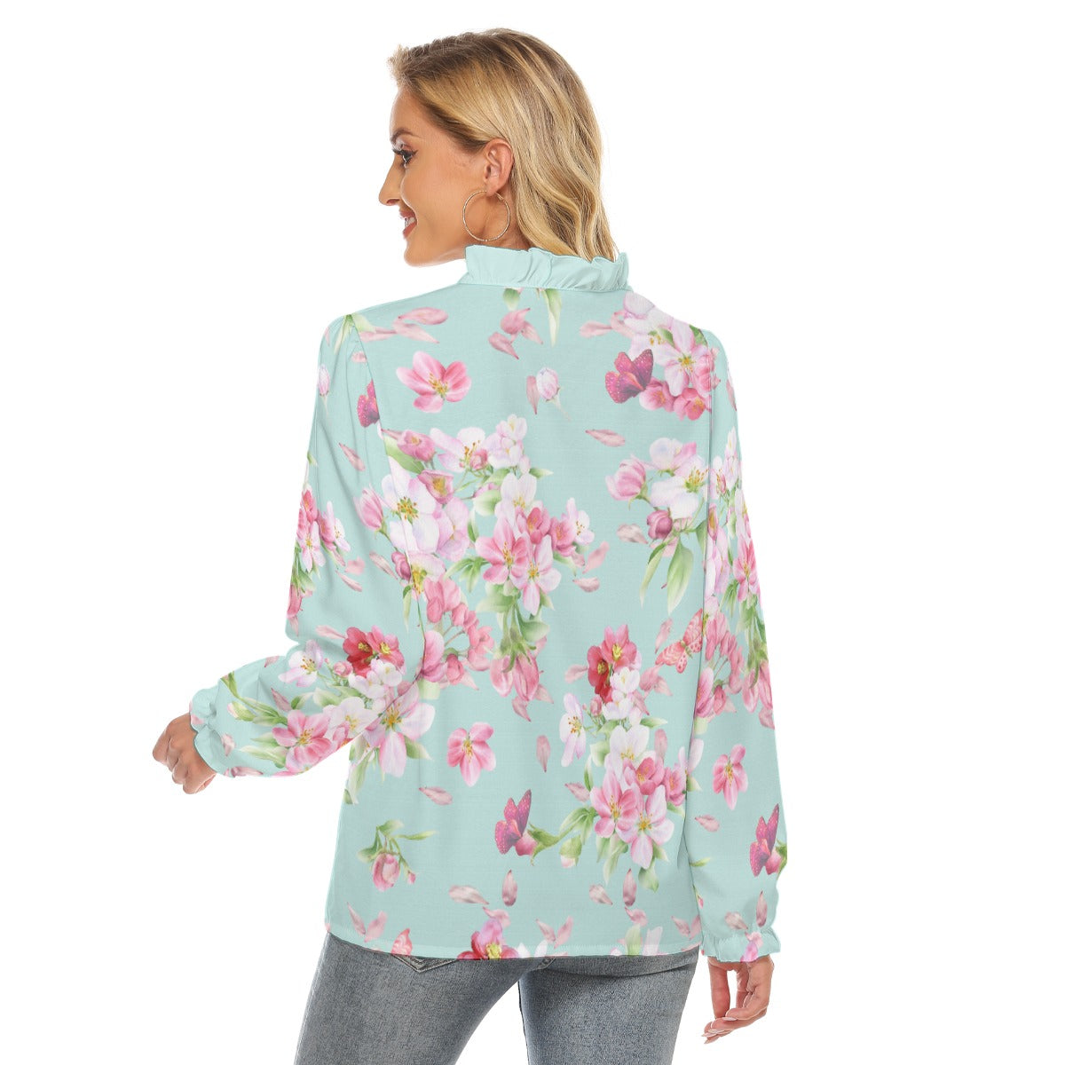 Spring Blossoms on Aqua Pleated Collar Blouse