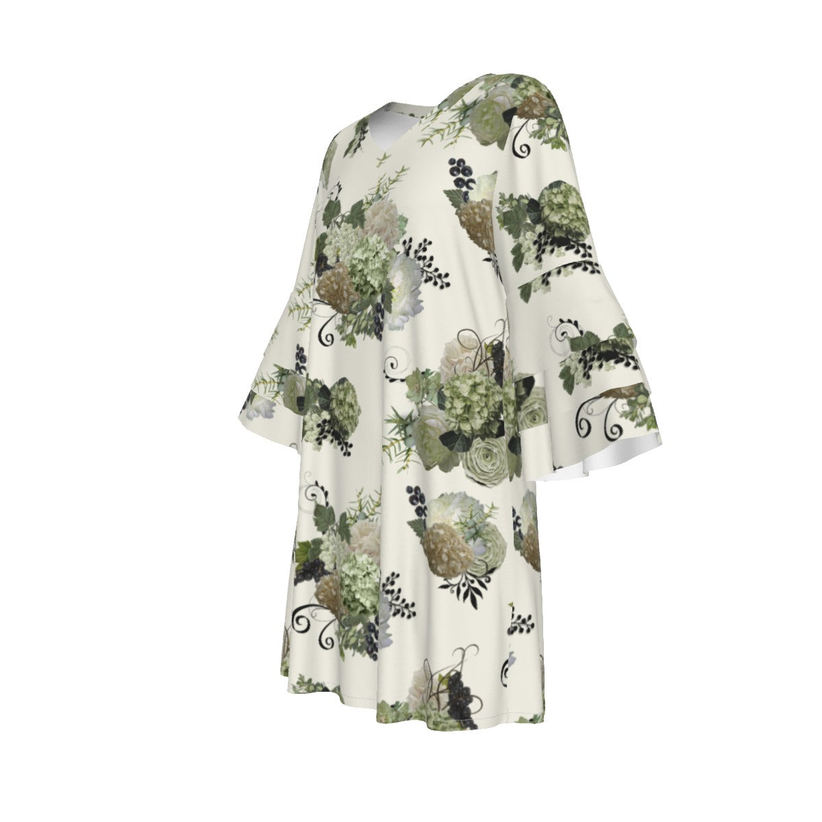 Sage Floral Ruffle Sleeve Dress