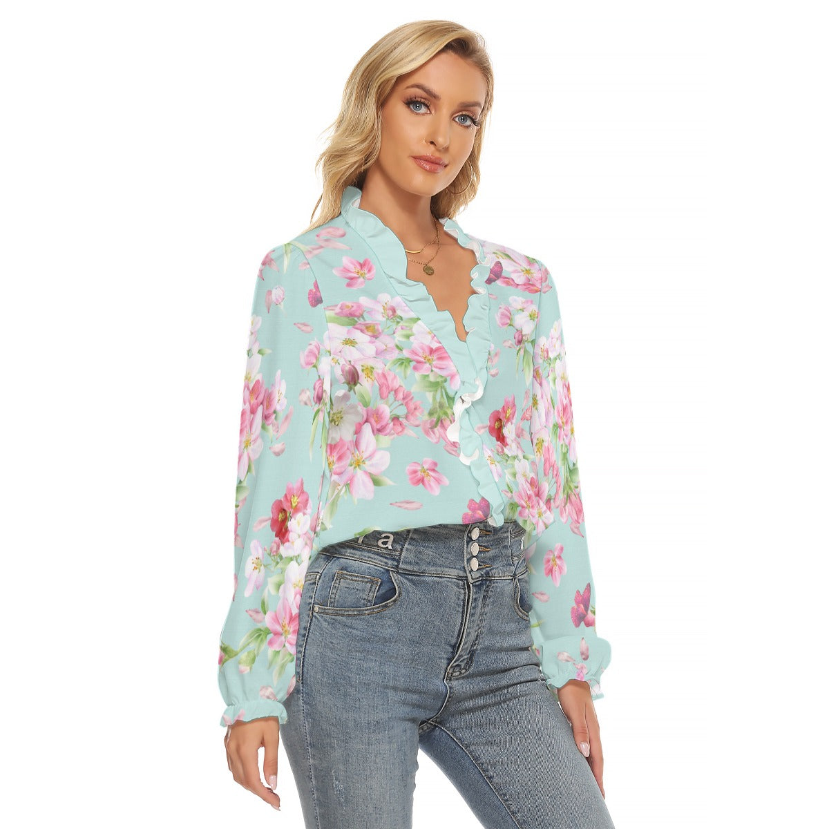 Spring Blossoms on Aqua Pleated Collar Blouse