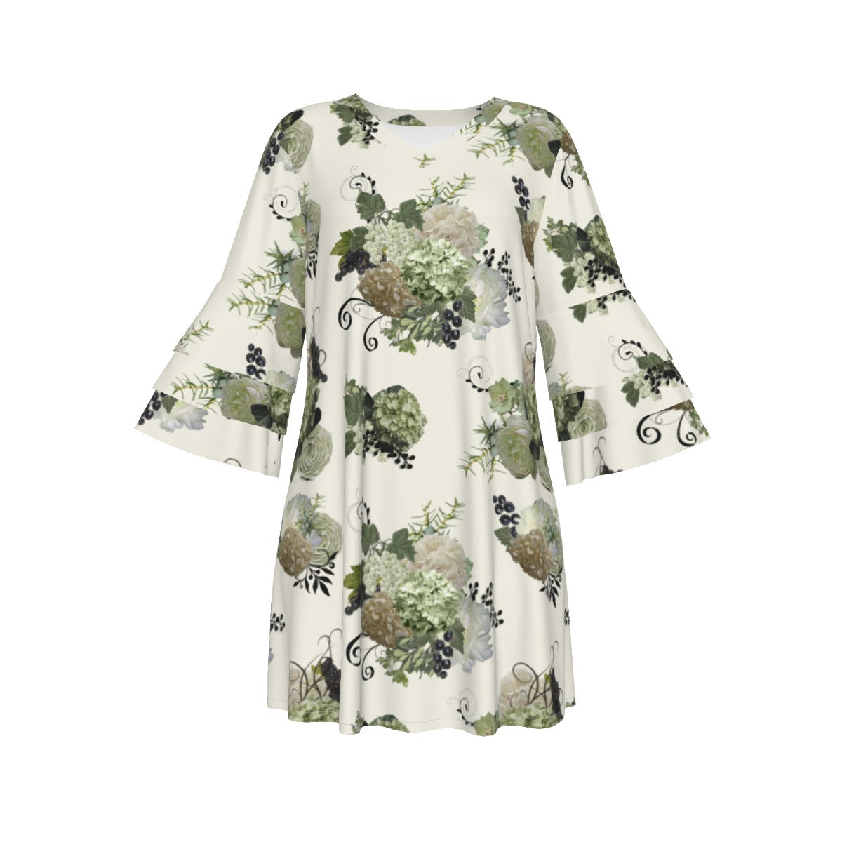 Sage Floral Ruffle Sleeve Dress