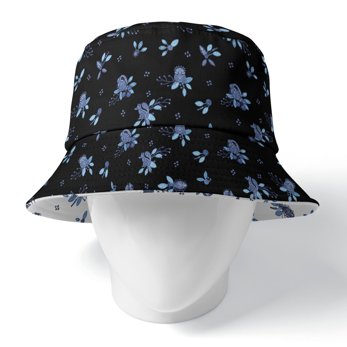 Blue Folk Motif Reversible Bucket Hat