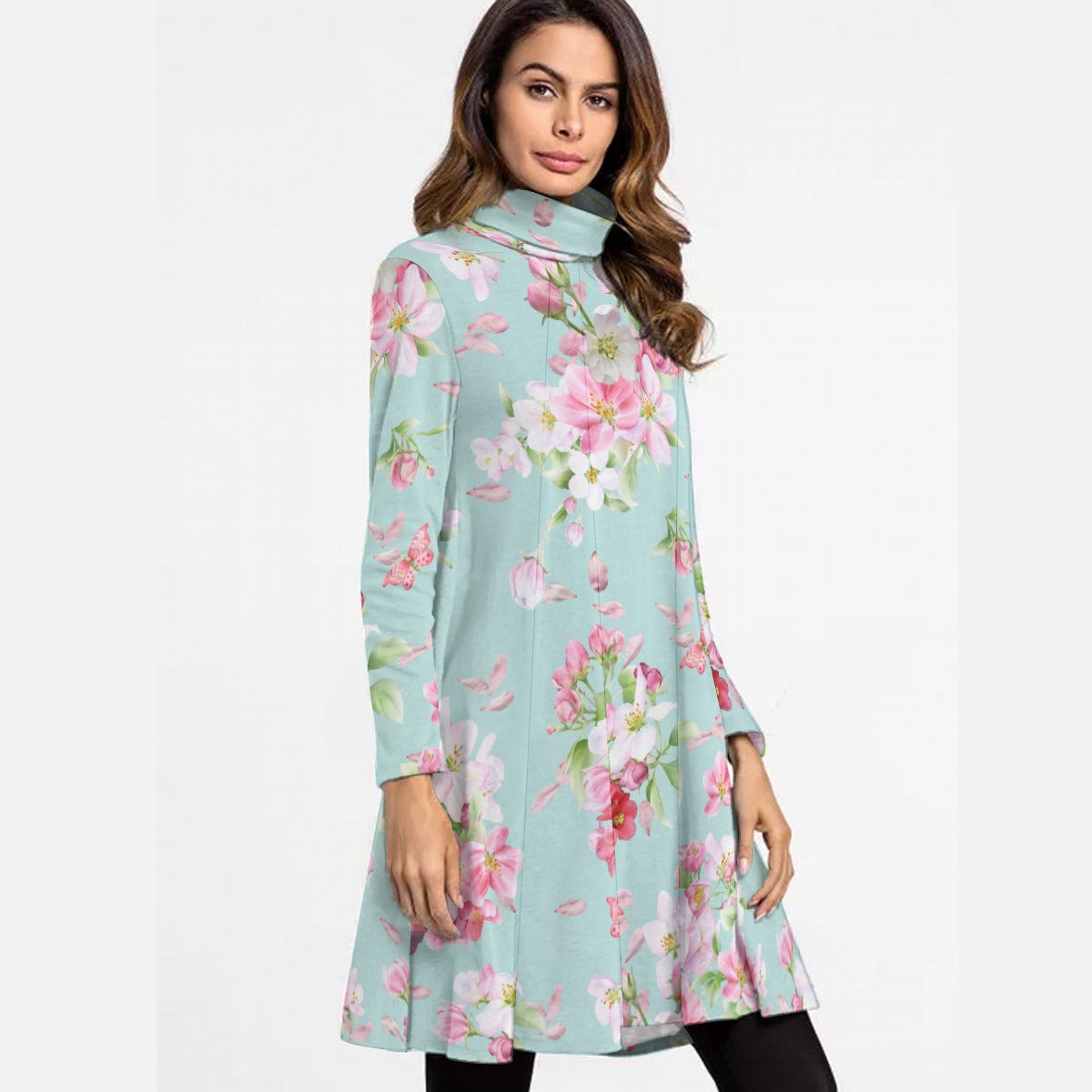 Blossoms on Aqua High Neck Dress