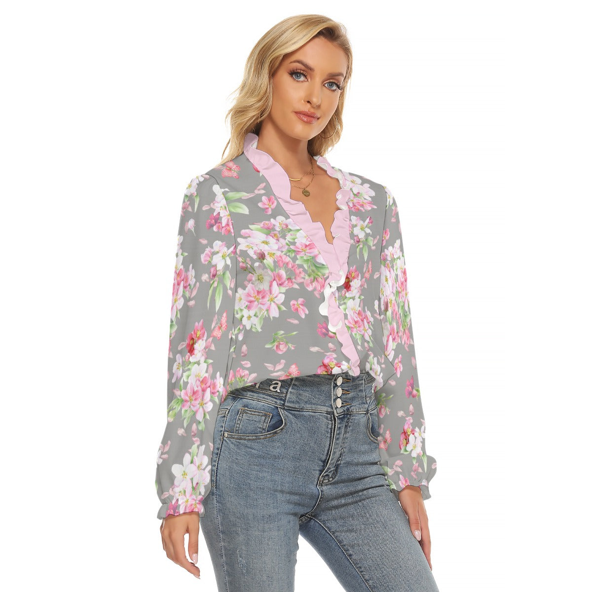 All-Over Print Women's Pleated Collar V-neck Shirt