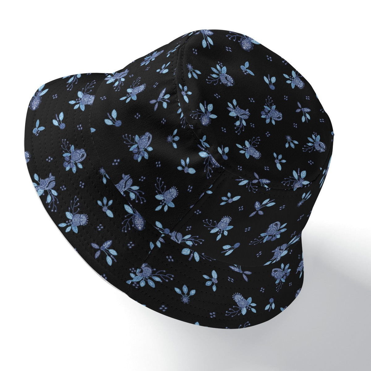 Blue Folk Motif Reversible Bucket Hat