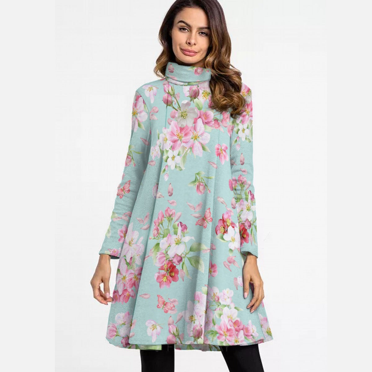 Blossoms on Aqua High Neck Dress