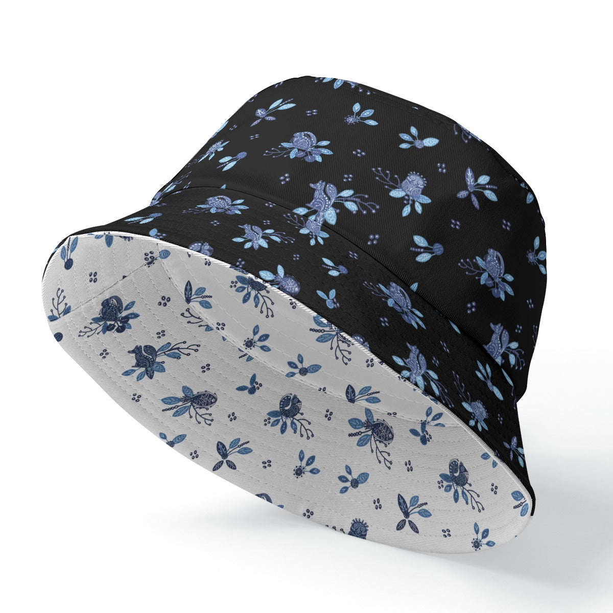 Blue Folk Motif Reversible Bucket Hat