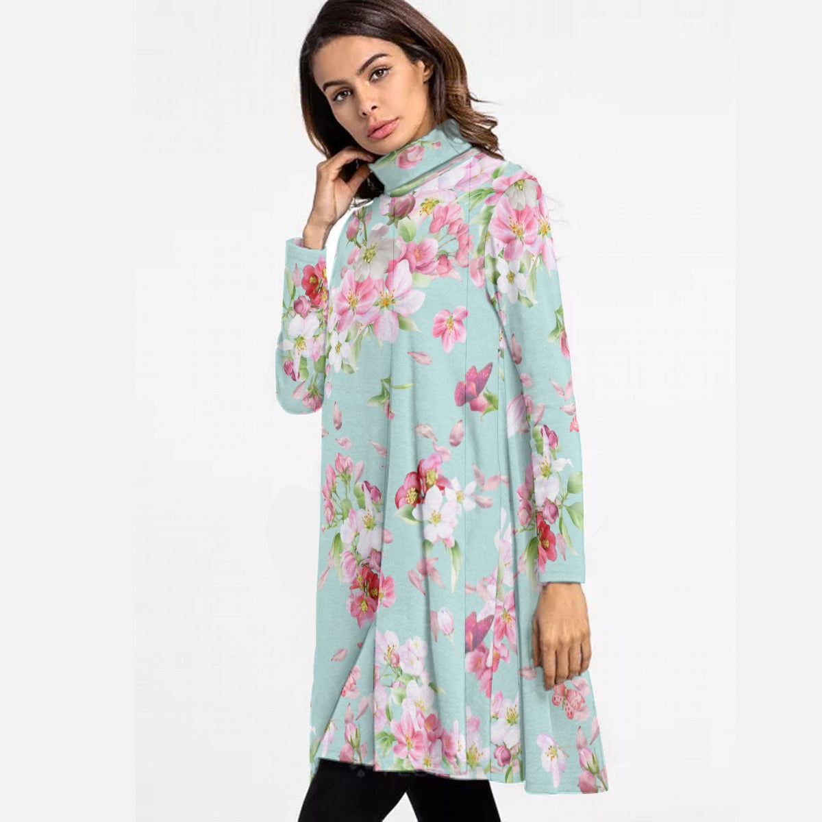 Blossoms on Aqua High Neck Dress