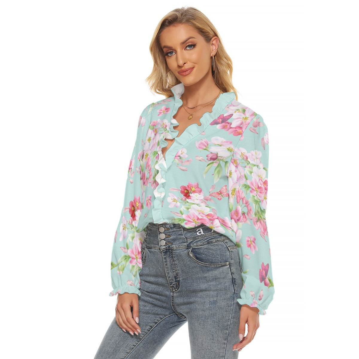 Spring Blossoms on Aqua Pleated Collar Blouse