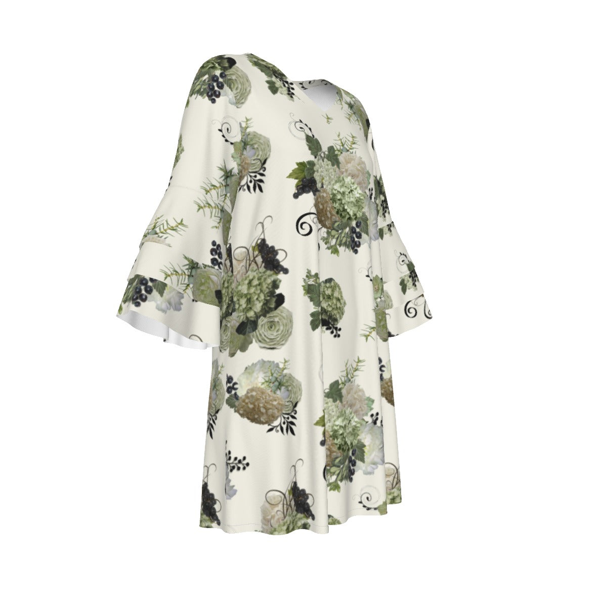 Sage Floral Ruffle Sleeve Dress