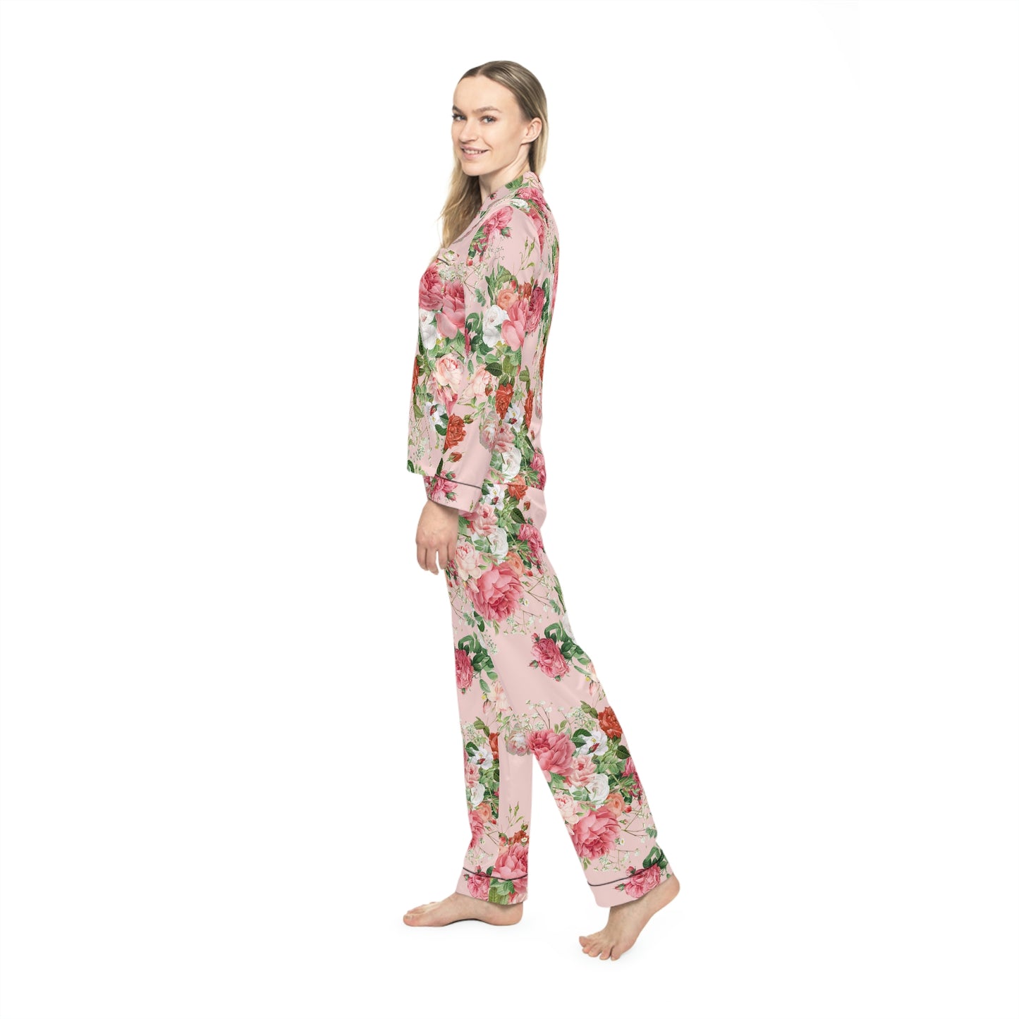 Vintage Peach Floral Women's Satin Pajamas