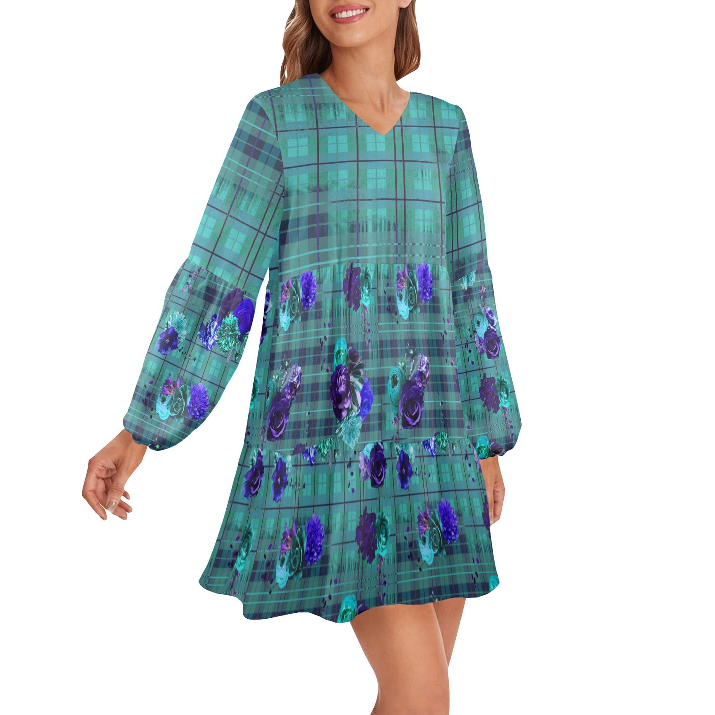 Turquoise Plum Plaid tiered Dress