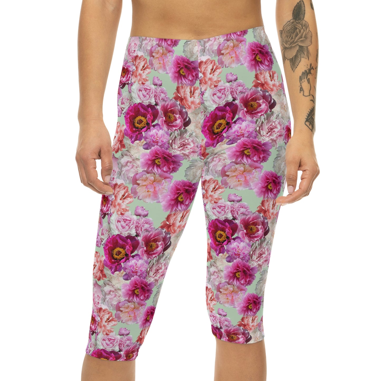 Peonies on Green Women’s Capri Leggings