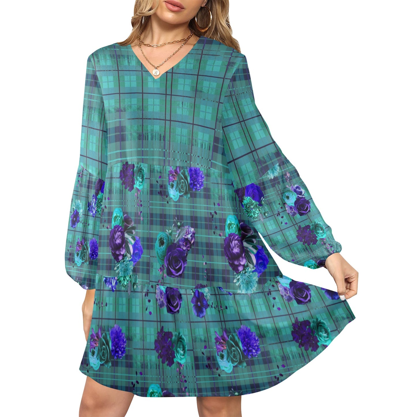 Turquoise Plum Plaid tiered Dress