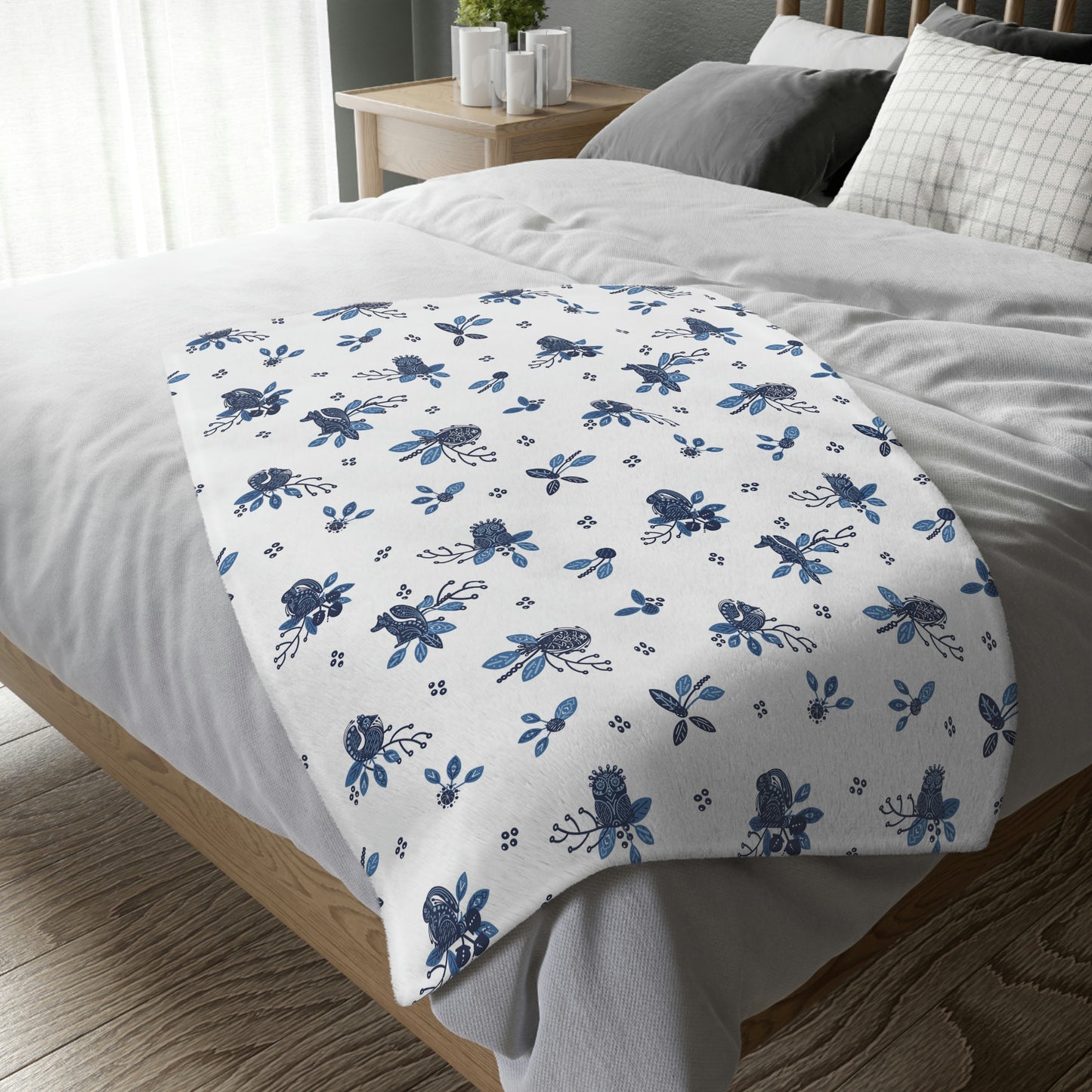 Blue Scandi Folk Velveteen Minky Blanket