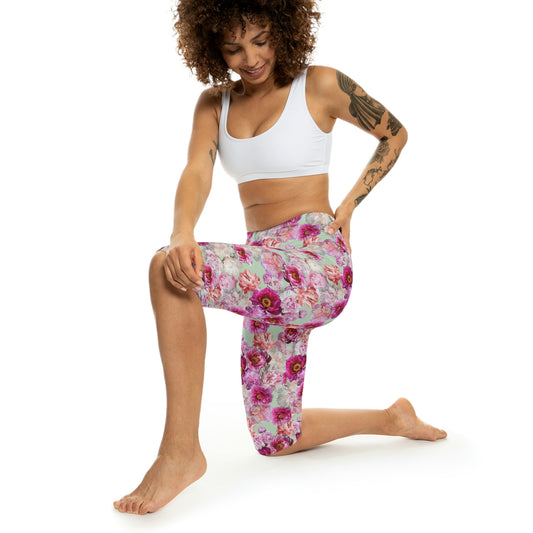 Peonies on Green Women’s Capri Leggings