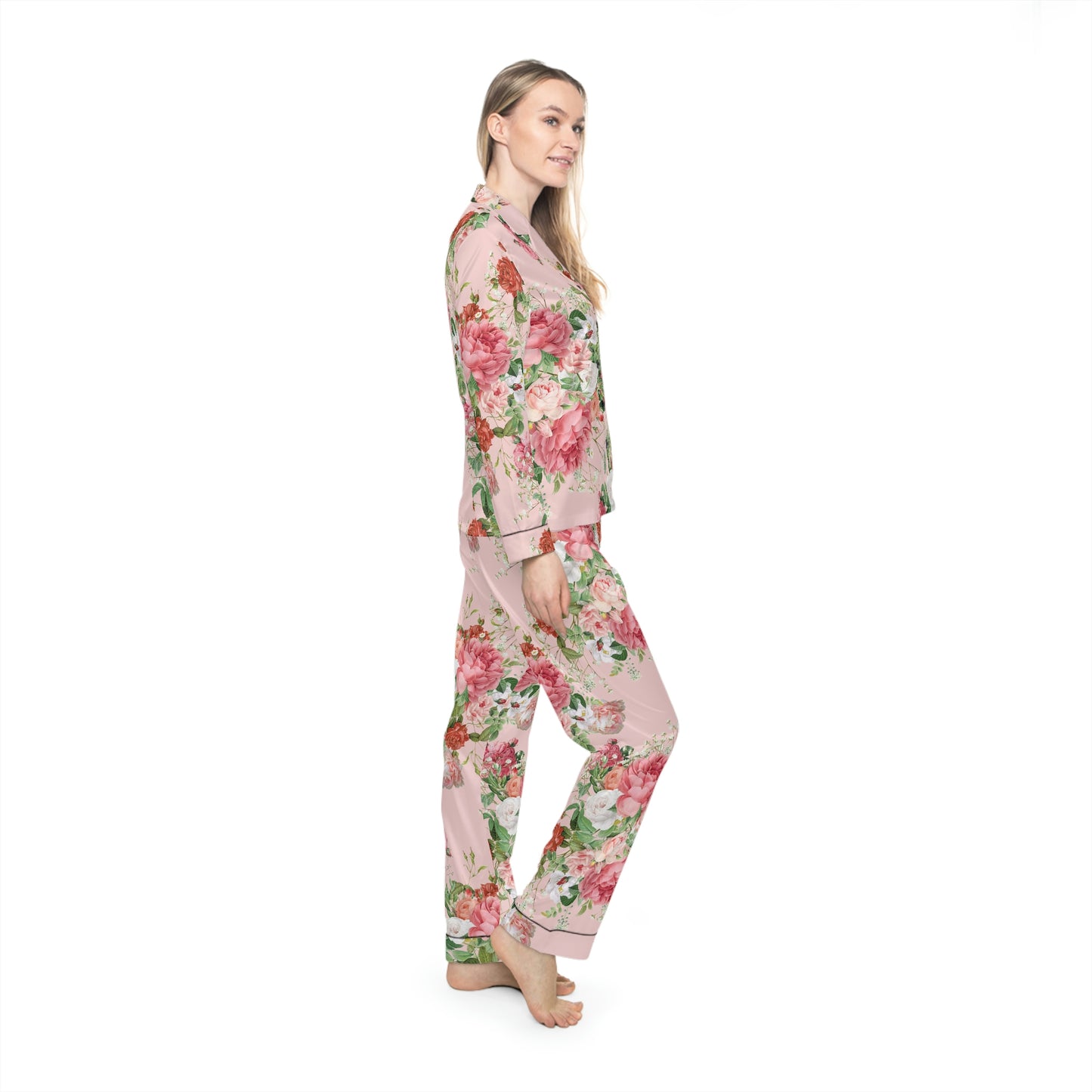 Vintage Peach Floral Women's Satin Pajamas