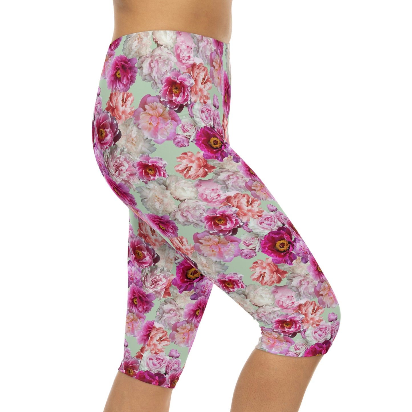 Peonies on Green Women’s Capri Leggings